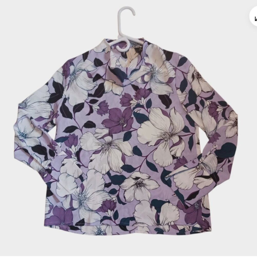 Worthington Blouse Womens X Small Purple Floral Long Sleeve Cowl Artsy Shirt Top - Picture 11 of 16